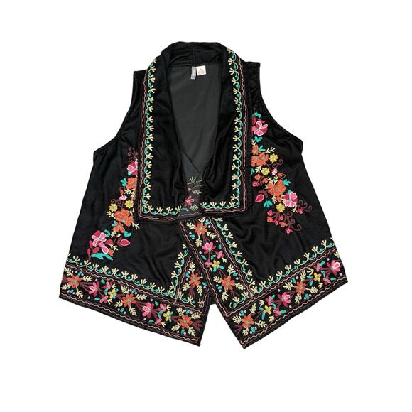 ANU Open Front Velvet Embroidered Vest Women's Medium Black Bohemian Artsy - Picture 1 of 6